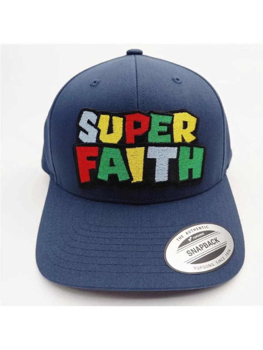 Retro Super Faith Embroidered Patch Hat Yupoong Blue Full Cloth Snapback Jesus